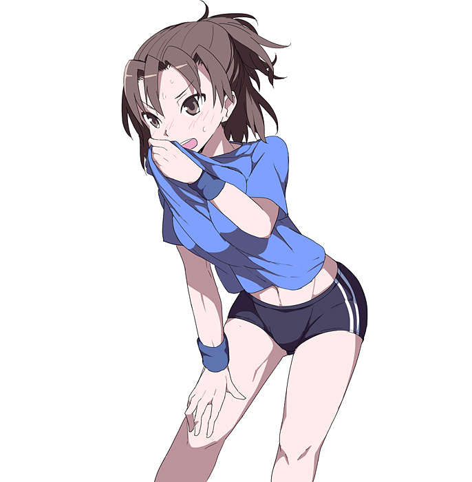 1girl, arm_support, blue_shirt, brown_eyes, brown_hair, buruma, female, midriff