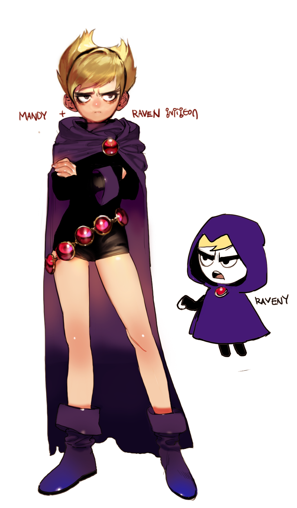 1girl, belt, blonde_hair, boots, cape, cartoon_network, chibi, cosplay