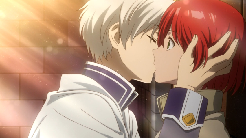 1boy, 1girl, akagami_no_shirayukihime, couple, grey_hair, highres, kiss, redhead