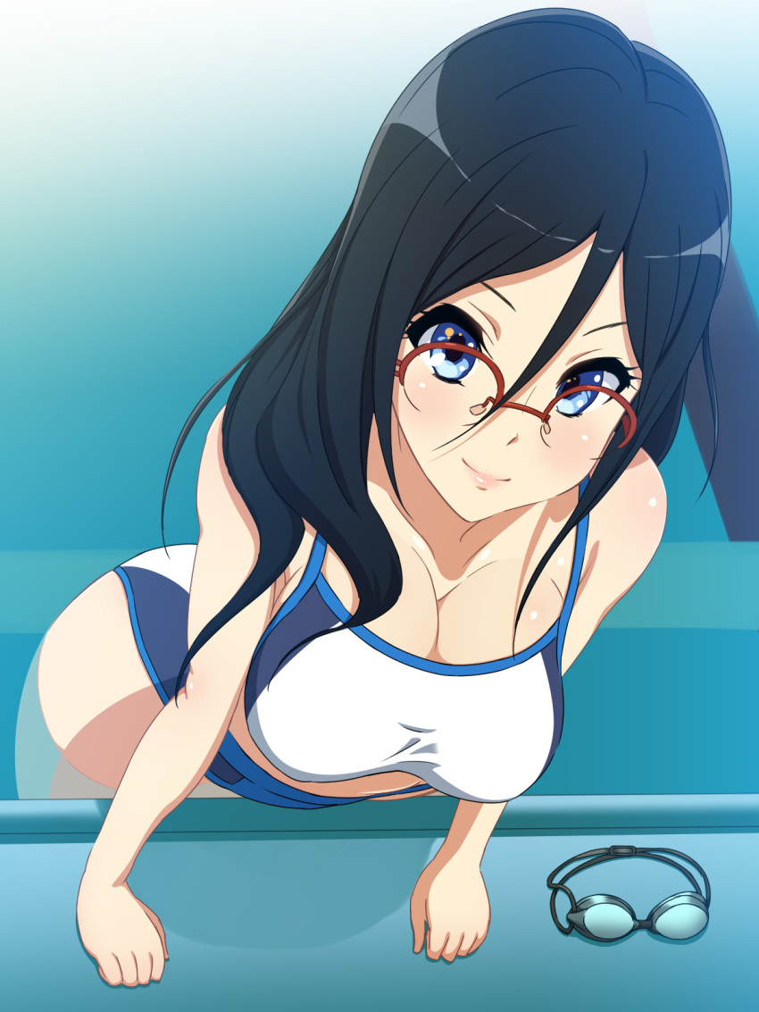 1girl, bare_shoulders, black_hair, blue_eyes, blush, breasts, cleavage, female
