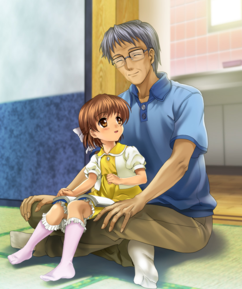 book, brown_eyes, brown_hair, clannad, closed_eyes, crossed_legs, dress, feet, glasses, grandfather_and_granddaughter, indian_style, lap_chair, lap_sitting, moonknives, mutsuki_(moonknives), okazaki_naoyuki, okazaki_ushio, senior, short_hair, silver_hair, sitting, sitting_on_lap, sitting_on_person, socks