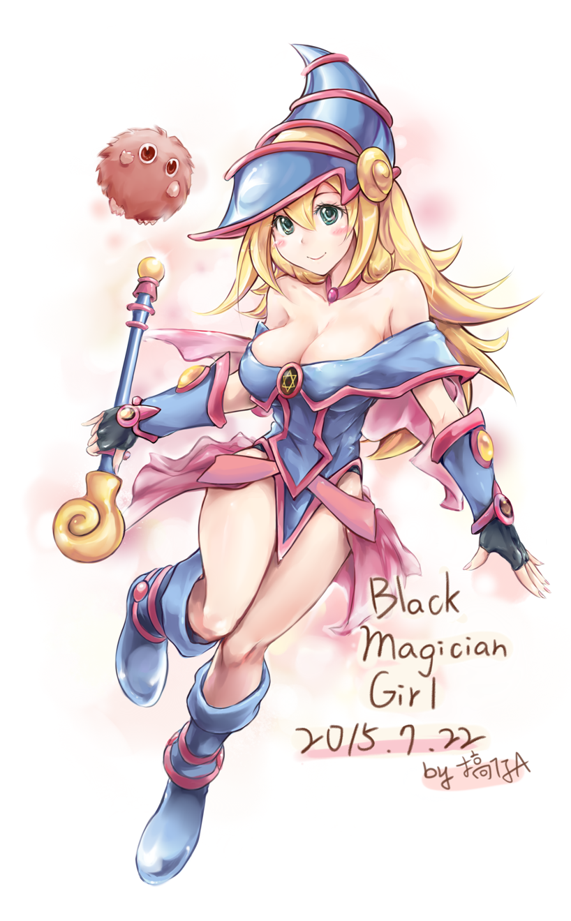 1girl, artist_name, bare_legs, blonde_hair, boots, breasts, cleavage, dark_magician_girl
