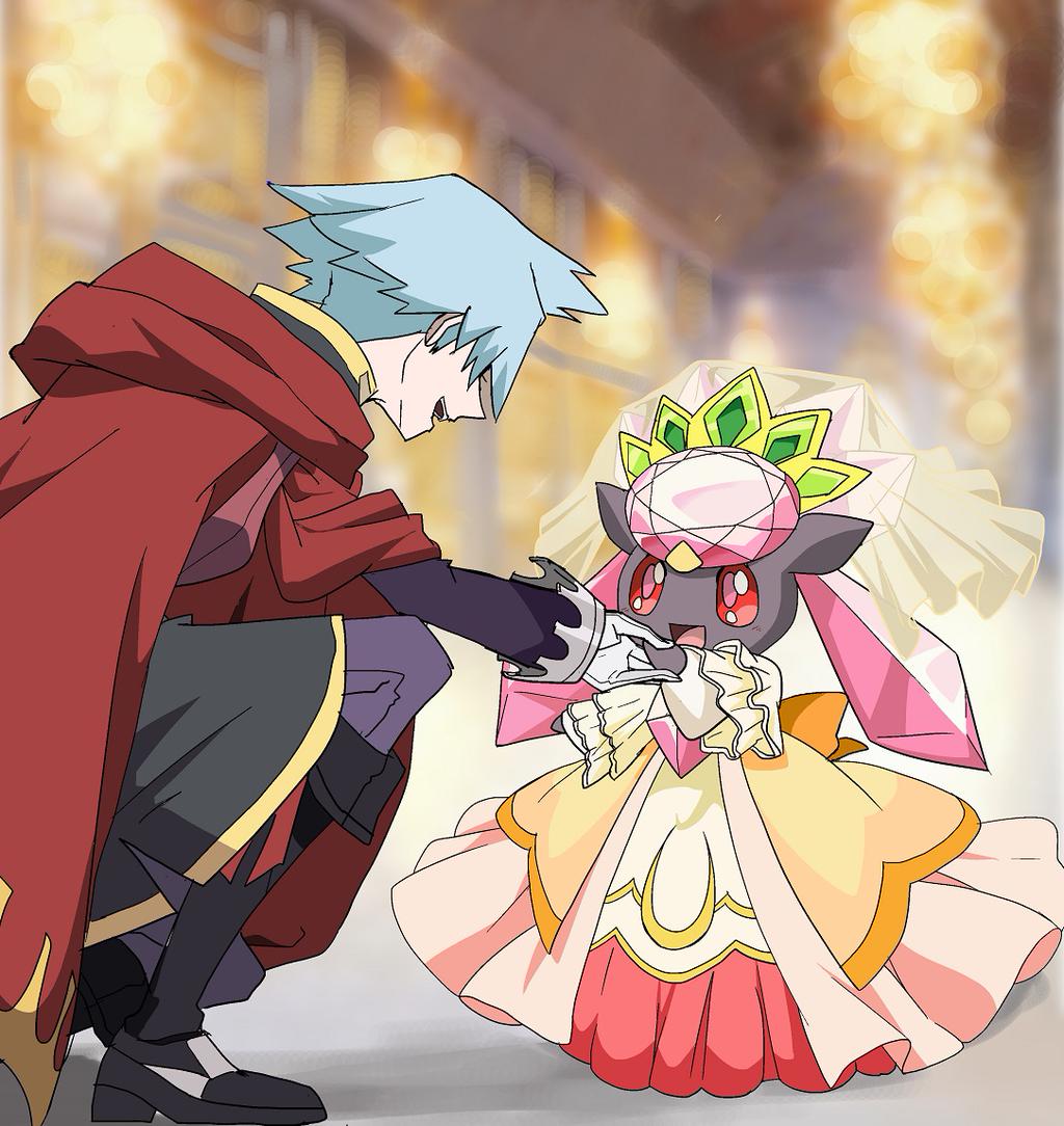 10s, 1boy, 1girl, blue_hair, cape, crown, diancie, dress