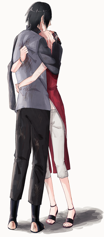 1boy, 1girl, amputee, back, black_hair, boruto:_the_movie, facial_mark, forehead_mark