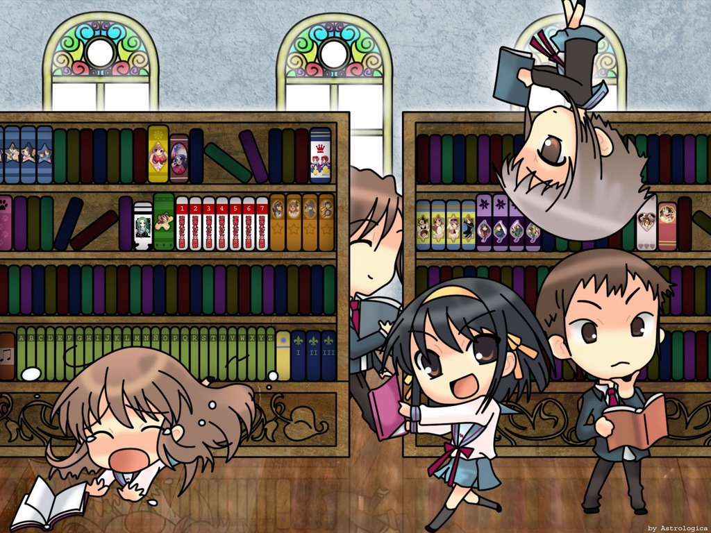 book, chibi, falling, koizumi_itsuki, kyon, levitate, library, nagato_yuki
