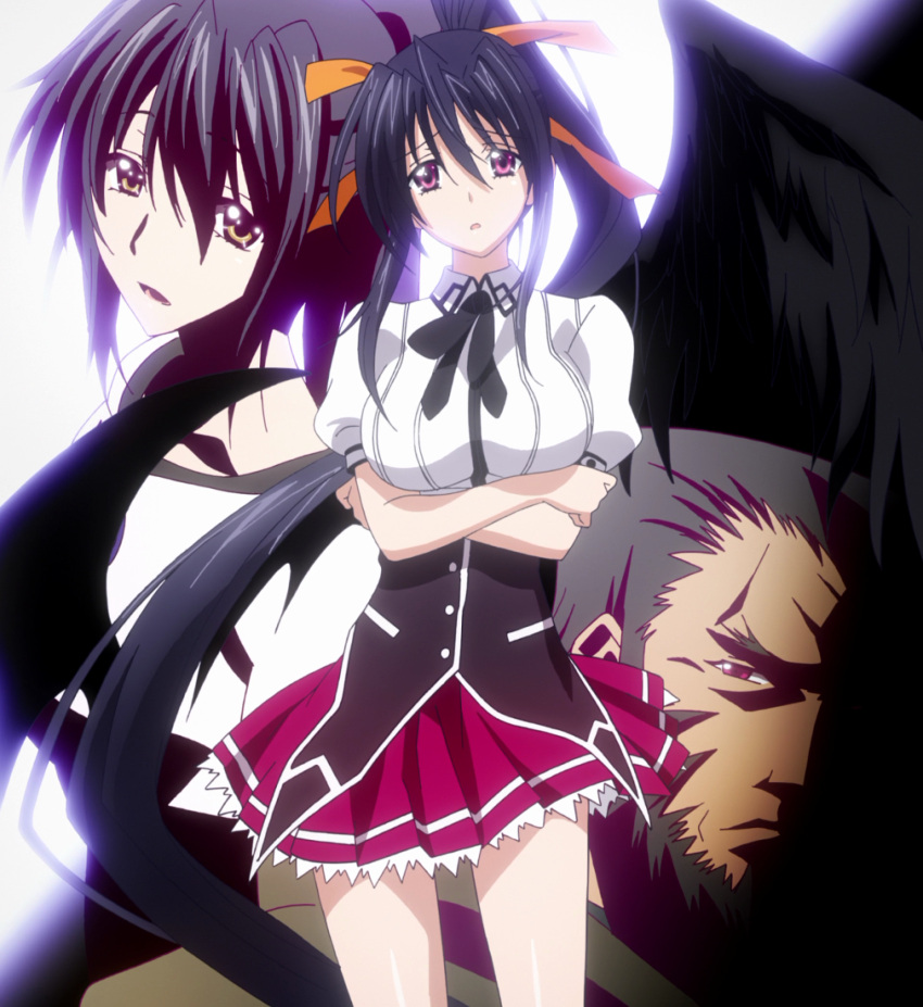 1boy, 2girls, black_hair, black_wings, breasts, character_request, fujimi_shobo, gradient