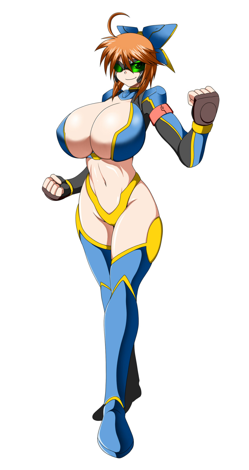 1girl, bodysuit, breasts, brown_hair, cleavage, h-ero_pin_rx:_pin-up, horns, huge_breasts, pepo_(absolute1123), simple_background, solo, sureiba, visor