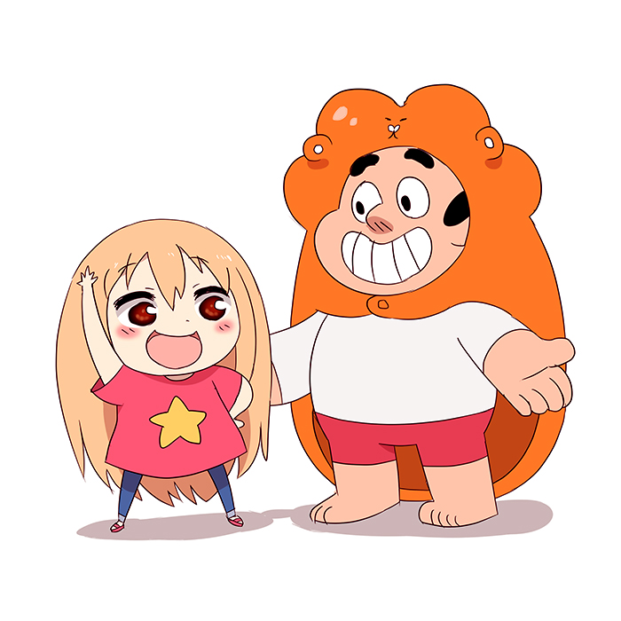 1boy, 1girl, animal_hood, artist_request, barefoot, black_hair, blonde_hair, cartoon_network