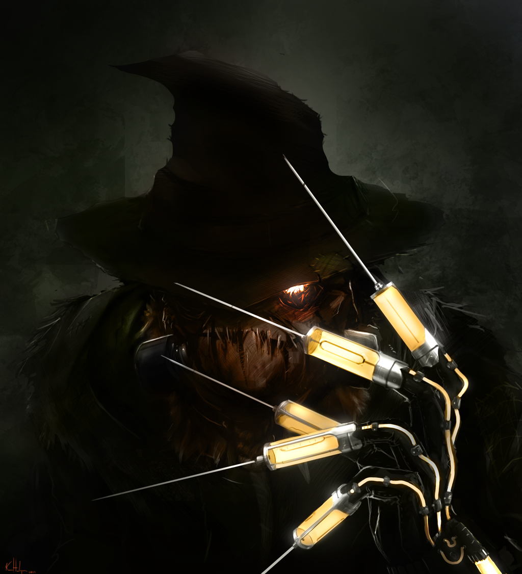 1boy, batman_(series), dc_comics, gas_mask, gloves, glowing, glowing_eyes, gradient, gradient_background, hat, hat_over_one_eye, jonathan_crane, male_focus, mask, scarecrow_(dc), solo, syringe, syringe_claws