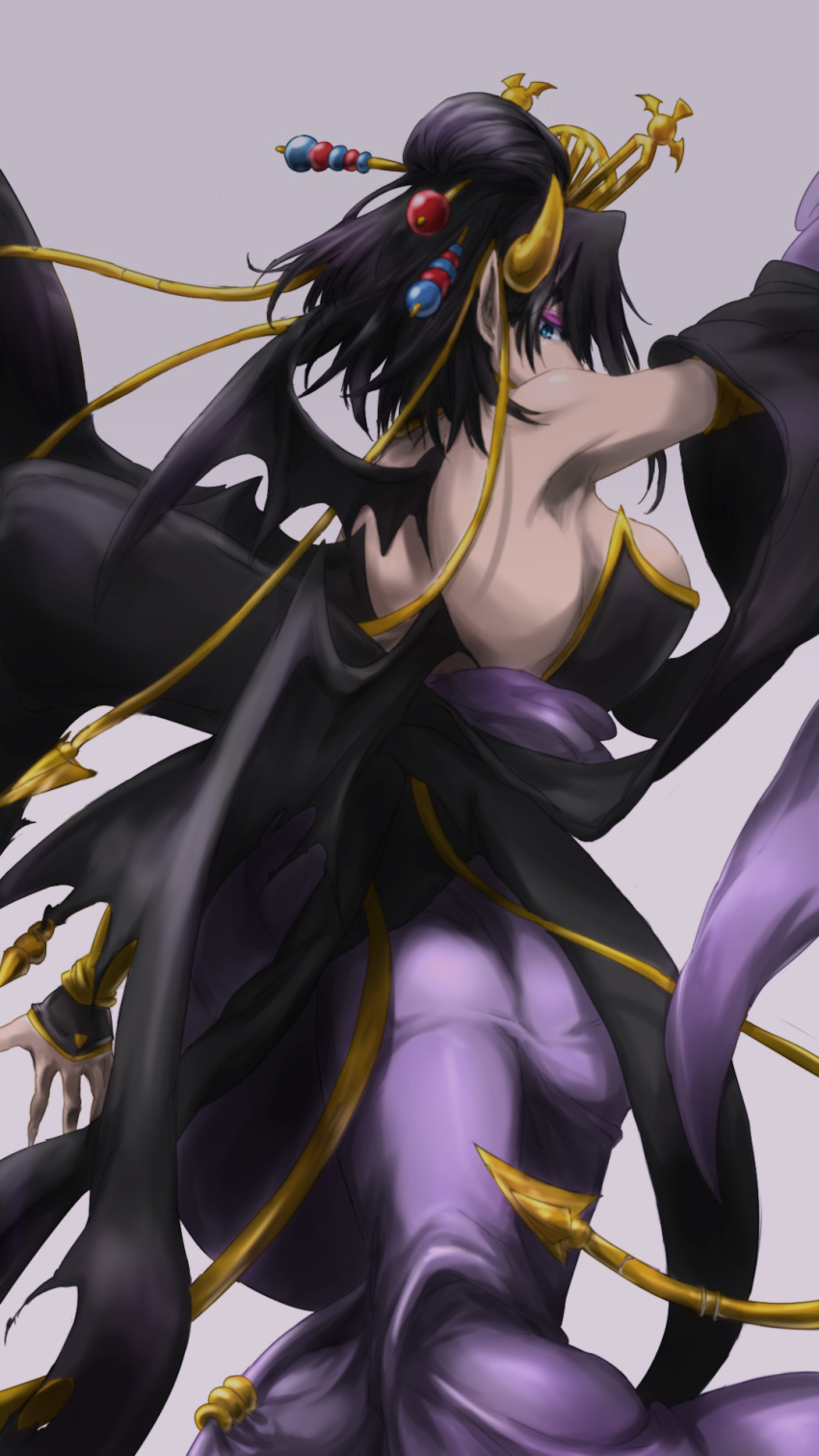 1girl, bandai, bare_shoulders, bat, bat_(symbol), bat_wings, black_hair, black_wings