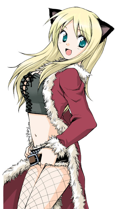 bad_id, bandeau, belt, blonde_hair, cat_ears, denim, denim_shorts, fishnet_pantyhose, fishnets, fur, green_eyes, legwear_under_shorts, long_hair, midriff, nanjou_haruno, navel, open_mouth, pantyhose, ragnarok_online, robe, rogue, rogue_(ragnarok_online), shorts, simple_background, smile, solo, studded_belt, tubetop
