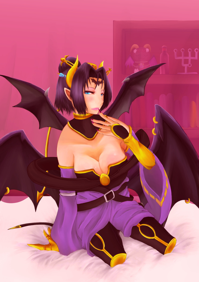 1girl, bandai, bare_shoulders, bat, bat_(symbol), bat_wings, bed, black_hair