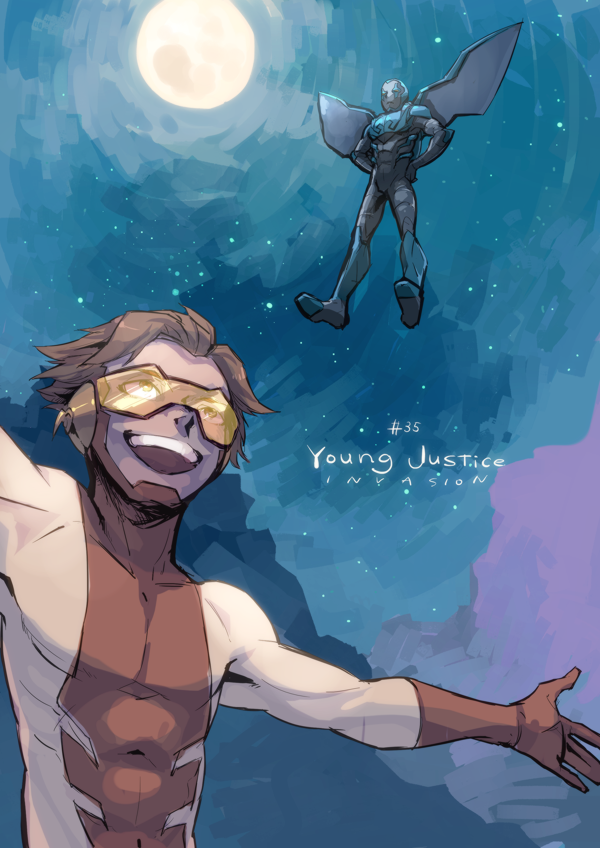 2boys, armor, bart_allen, blue_beetle, bodysuit, boots, brown_hair, copyright_name