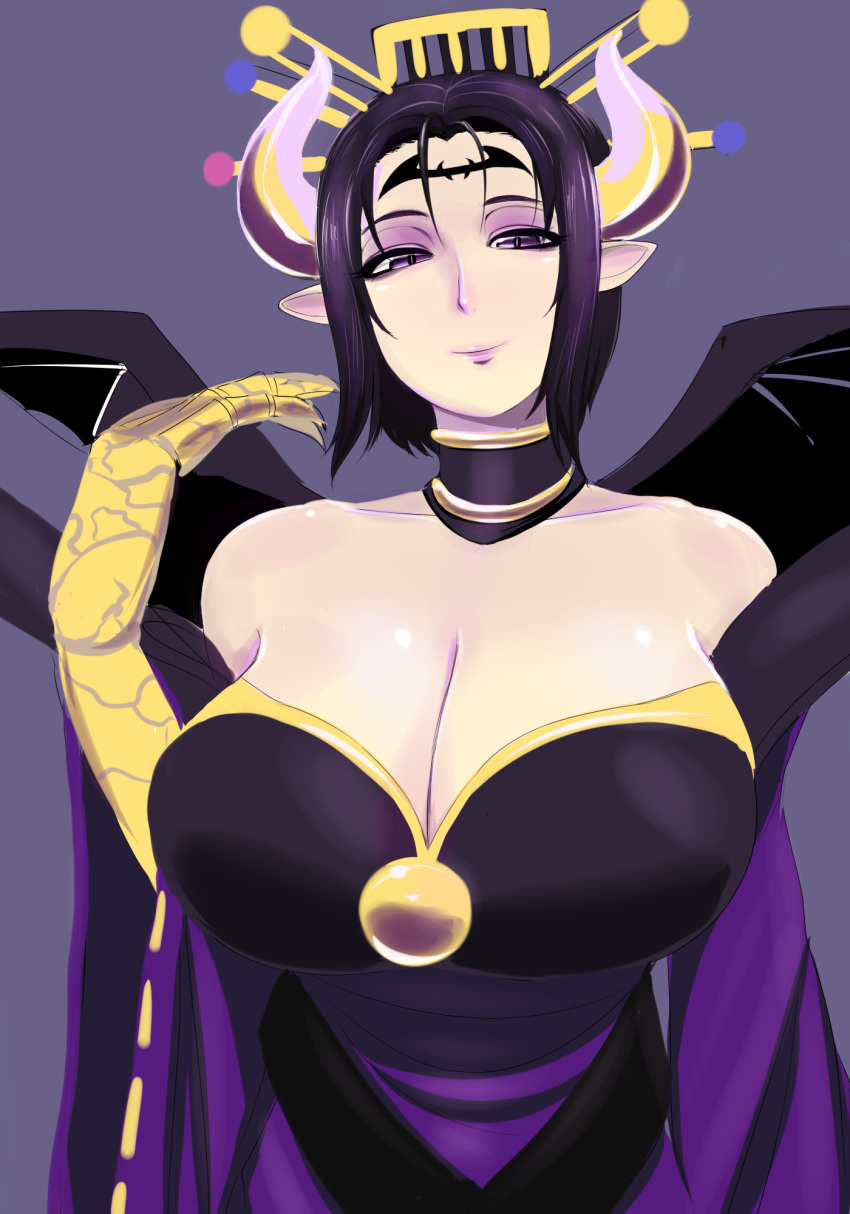 1girl, bandai, bare_shoulders, bat, bat_(symbol), bat_wings, black_hair, black_wings