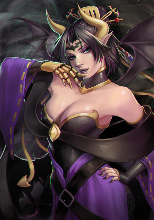 1girl, bandai, bare_shoulders, bat, bat_(symbol), bat_wings, black_hair, black_wings, blue_eyes, breasts, bridal_gauntlets, bustier, claws, demon_girl, detached_collar, detached_sleeves, digimon, digimon_crusader, eyeshadow, facial_mark, female, forehead_mark, hair_bun, hair_ornament, hand_on_hip, horn, horns, large_breasts, lilithmon, makeup, multiple_wings, nail_polish, open_mouth, phamoz, pointy_ears, seven_great_demon_lords, sharp_nails, shawl, skirt, solo, succubus, tattoo, wings, zoma_(artist)