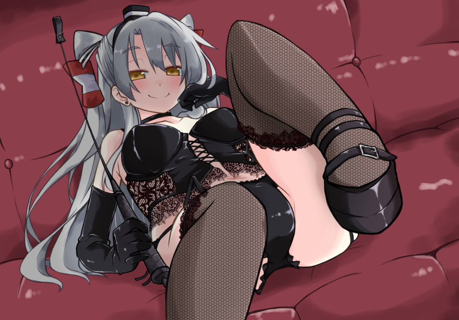1girl, amatsukaze_(kantai_collection), black_gloves, black_legwear, black_panties, breasts, bustier, dominatrix, elbow_gloves, female, femdom, garter_belt, gin_(shioyude), gloves, kantai_collection, lingerie, long_hair, looking_at_viewer, lying, on_back, panties, riding_crop, silver_hair, smile, solo, thigh-highs, two_side_up, underwear, very_long_hair, whip, yellow_eyes