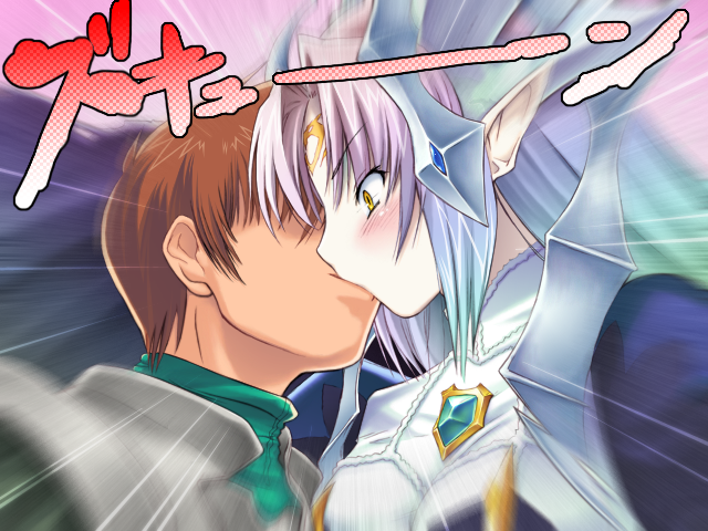 1boy, 1girl, alice_soft, blush, brown_hair, game_cg, gradient, gradient_background