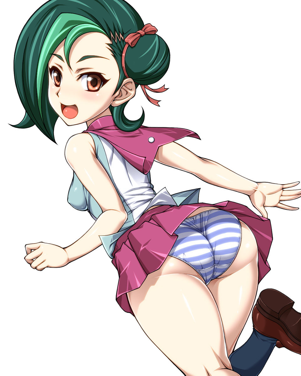 1girl, ass, back, female, from_behind, legs, looking_at_viewer, masa_yuki, mizuki_kotori_(yuu-gi-ou_zexal), panties, school_uniform, shoes, simple_background, smile, solo, striped, striped_panties, thighs, underwear, uniform, yu-gi-oh!, yuu-gi-ou_zexal