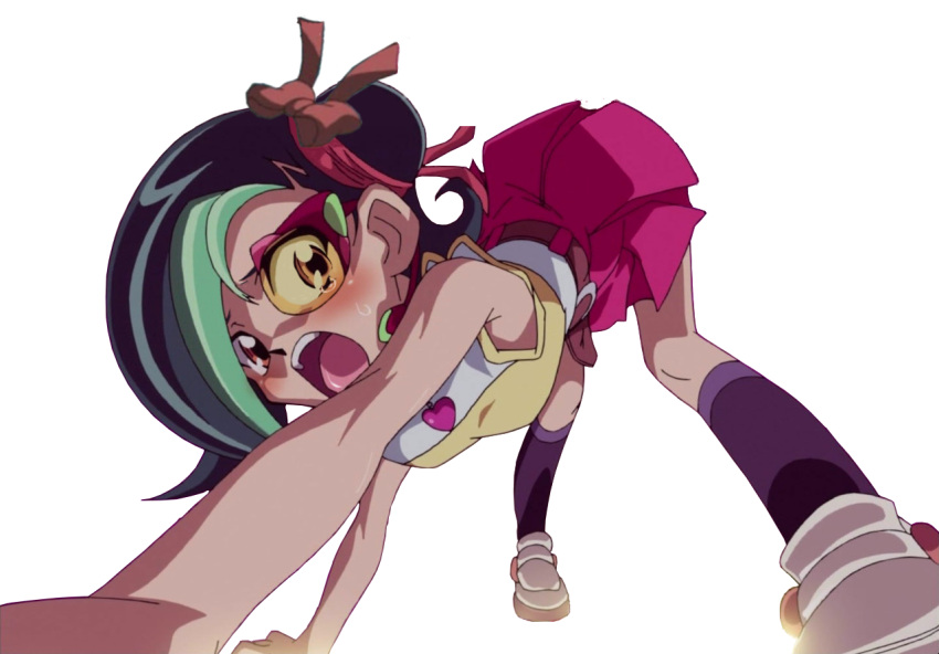 1girl, d-gazer, female, green_hair, mizuki_kotori_(yuu-gi-ou_zexal), photoshop, scouter, shoes, simple_background, solo, tears, yu-gi-oh!, yuu-gi-ou_zexal
