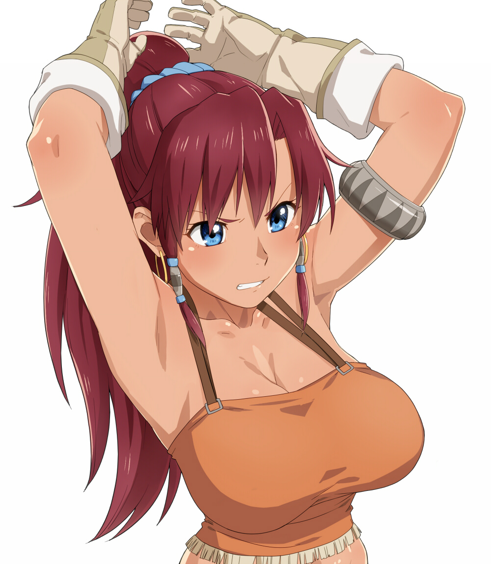 1girl, angry, armlet, armpits, arms_up, bare_shoulders, bellows_(suisei_no_gargantia), blue_eyes