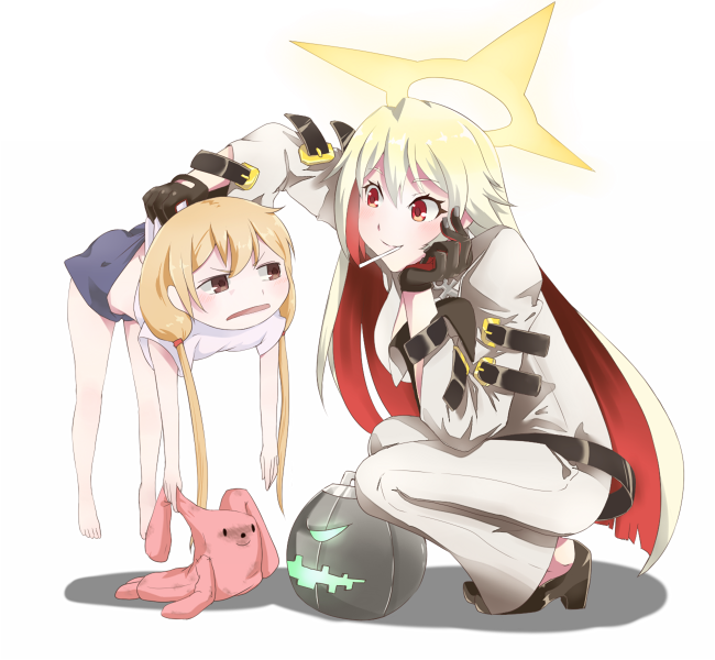 2girls, ankh, annoyed, ball_and_chain, belt, blonde_hair, blush, bodysuit