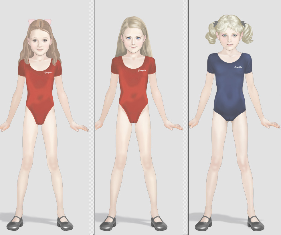 3girls, blonde_hair, bow, brown_hair, drill_hair, flat_chest, leotard, long_hair