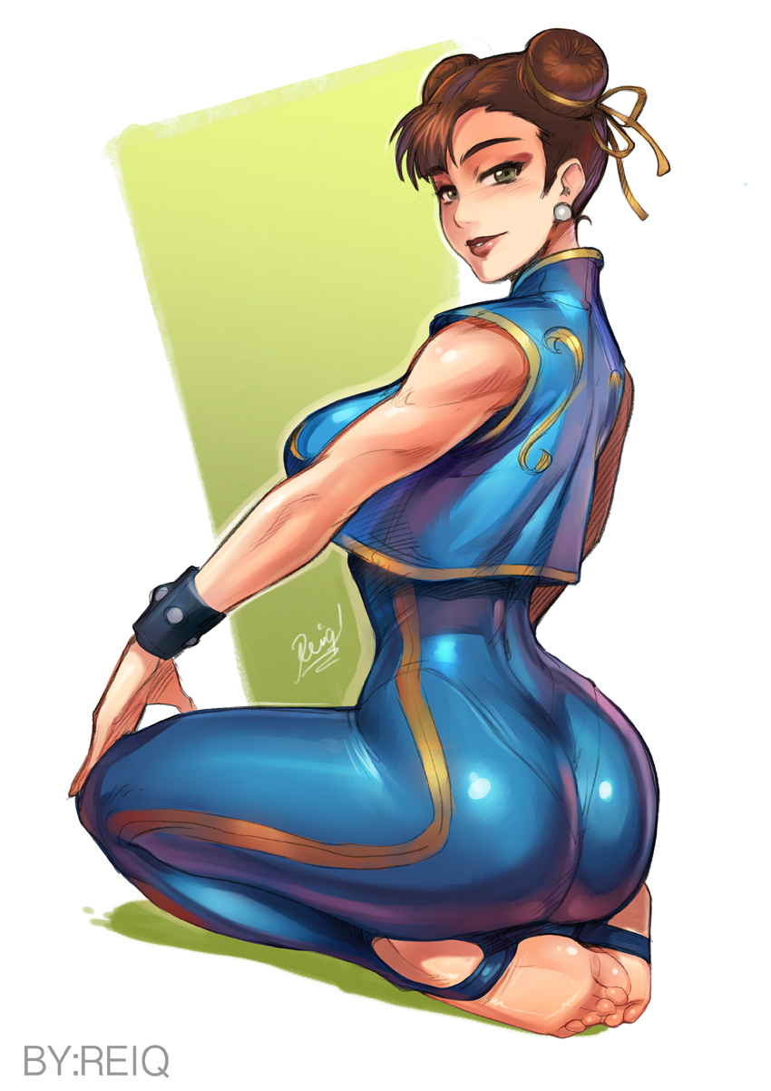 1girl, alternate_costume, ass, bodysuit, brown_hair, chun-li, crop_top, double_bun, earrings, feet, gradient, gradient_background, hair_bun, jewelry, kneeling, looking_back, reiq, sitting, smile, solo, street_fighter, toeless_legwear