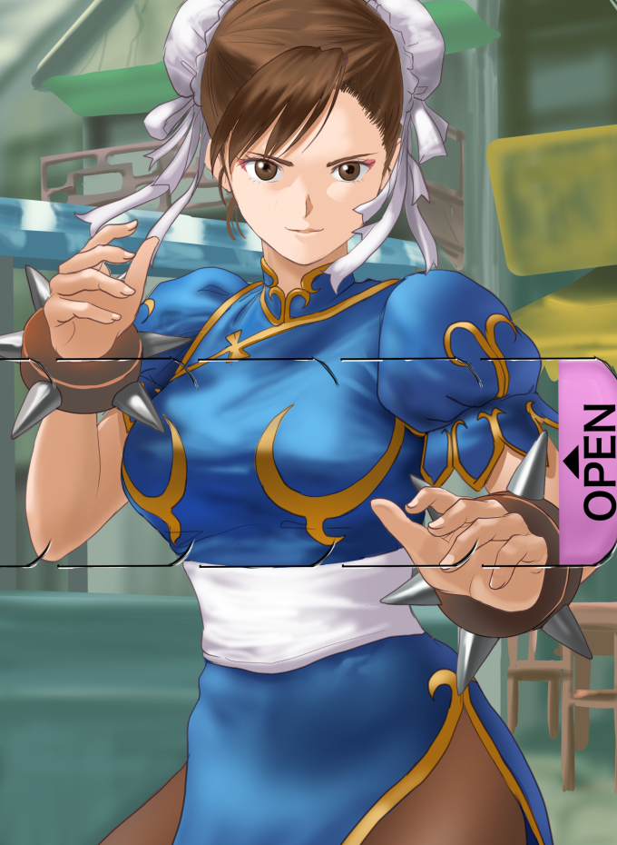 1girl, blue_dress, bracelet, breasts, brown_eyes, brown_hair, bun_cover, capcom