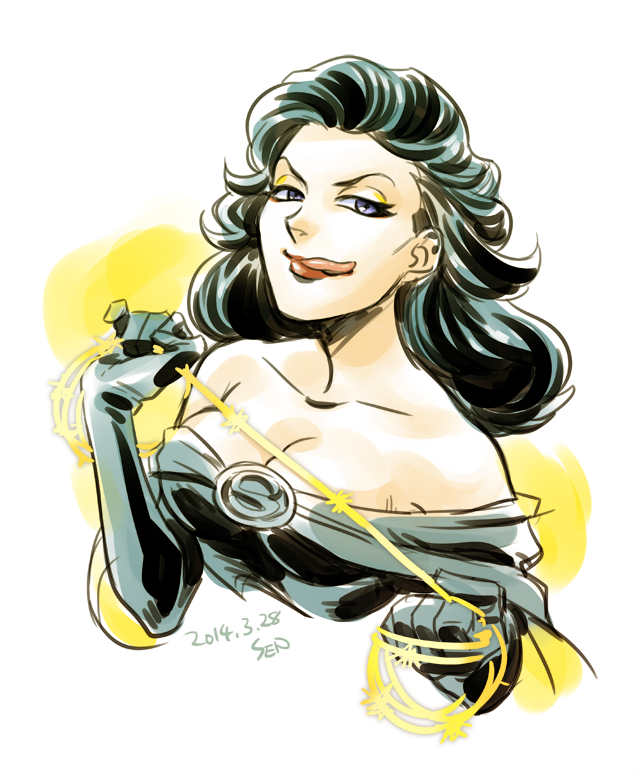 1girl, black_hair, blue_eyes, breasts, cleavage, dc_comics, gloves, gradient