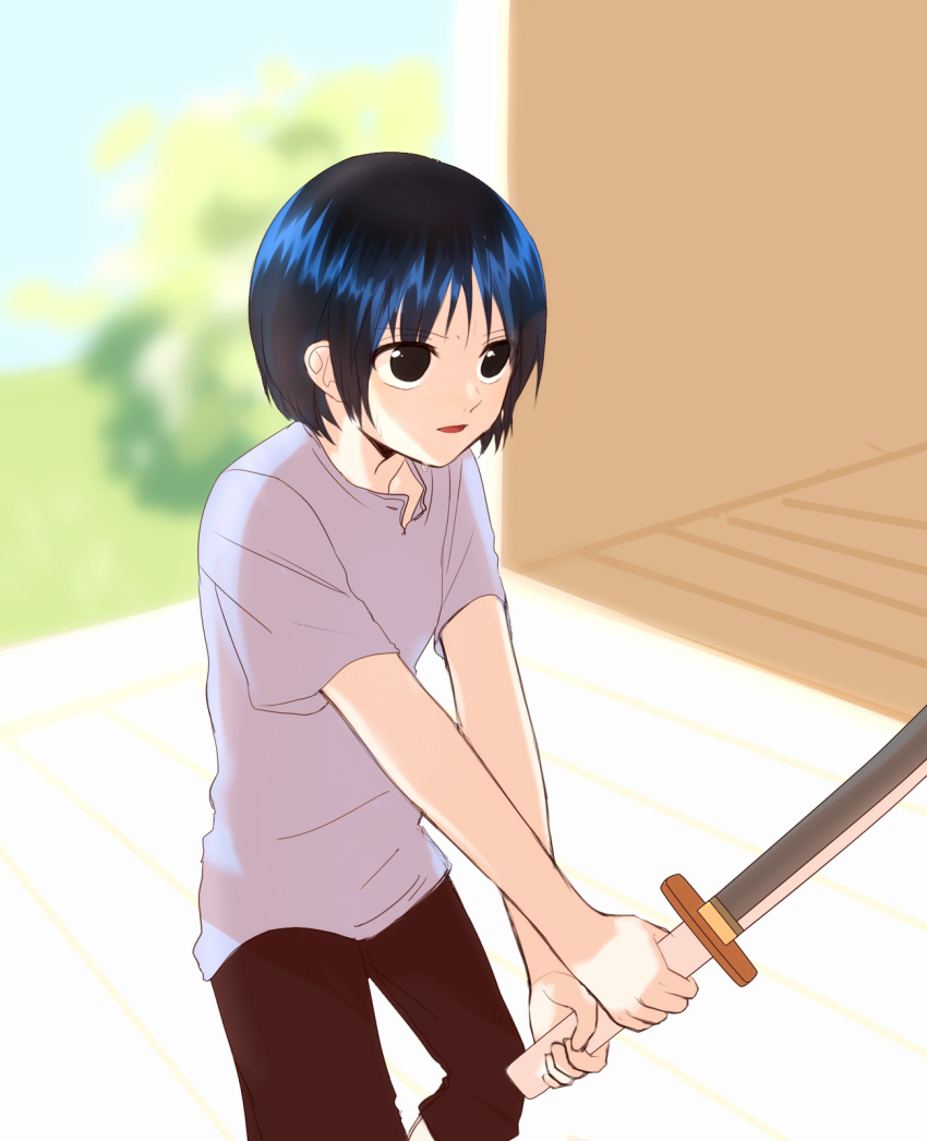 1girl, capris, child, katana, kuina, one_piece, shirt, short_hair
