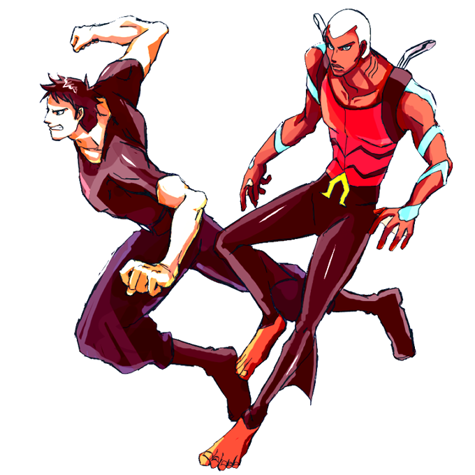 2boys, aqua_lad, barefoot, belt, black_hair, black_pants, blonde_hair, blue_eyes, boots, dark_skin, dc_comics, fist, full_body, gills, kaldur'ahm, male_focus, multiple_boys, pants, shirt, simple_background, sleeveless, superboy, t-shirt, tattoo, young_justice:_invasion