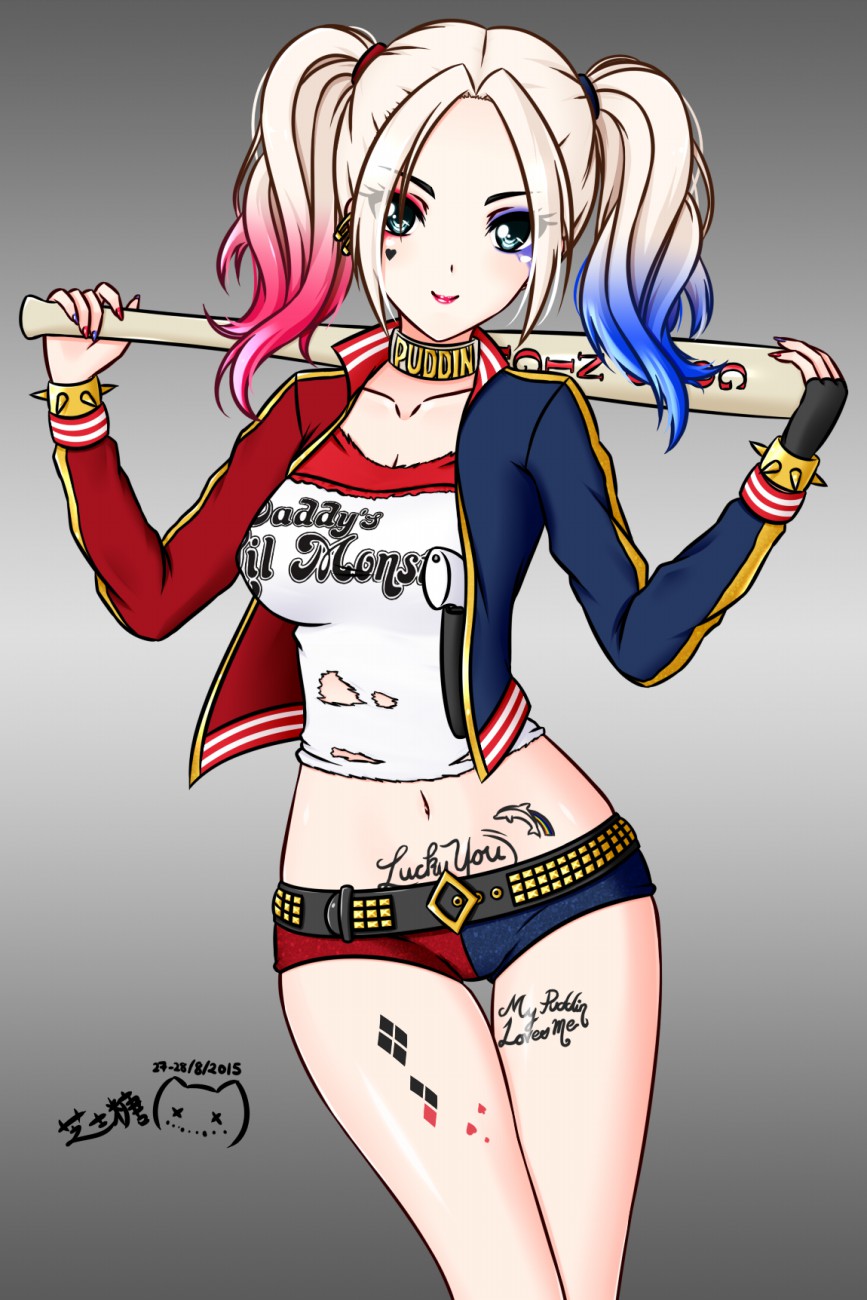 1girl, armpit_holster, baseball_bat, batman_(series), belt, blue_eyes, body_writing, bracelet