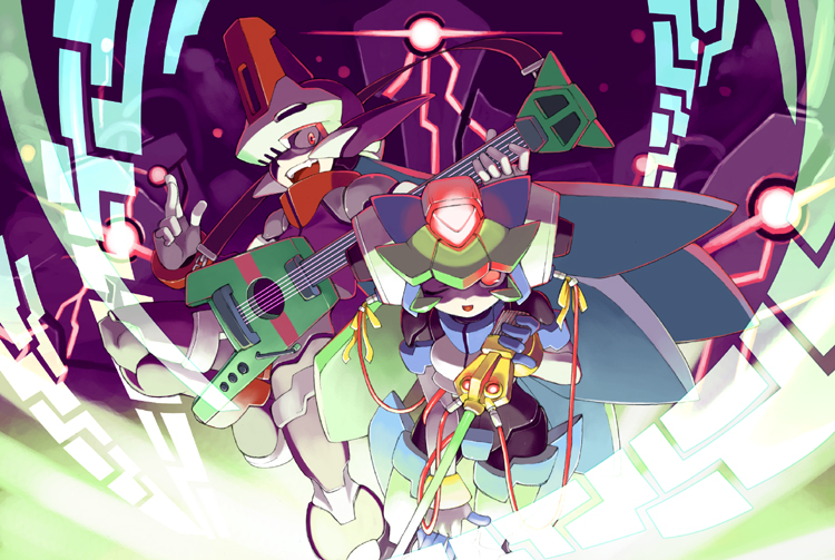 1boy, 1girl, android, aqua_hair, armor, blue_hair, bodysuit, capcom, electric_guitar, glowing, glowing_eyes, gradient, gradient_background, green_hair, guitar, helmet, instrument, microphone, open_mouth, pandora_(rockman), prometheus_(rockman), red_eyes, rockman, rockman_zx, tagme