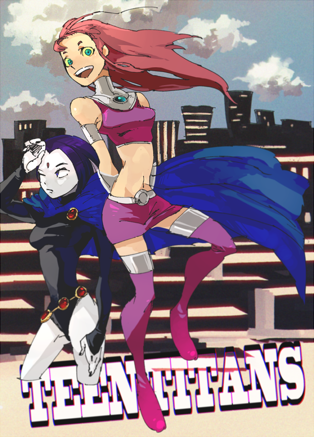 2girls, belt, cartoon_network, cloak, copyright_name, dc_comics, flying, green_eyes, green_sclera, grey_skin, leotard, long_hair, long_sleeves, multiple_girls, open_mouth, orange_skin, raven_(dc), redhead, skirt, sky, sleeveless, starfire, teen_titans, tetu, thigh_boots, vambraces