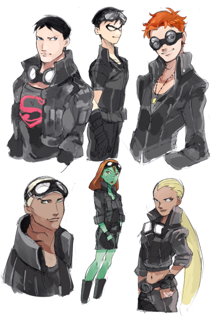 alien, alternate_costume, aqua_lad, artemis_crock, black_hair, black_shirt, blonde_hair, bow_(weapon)
