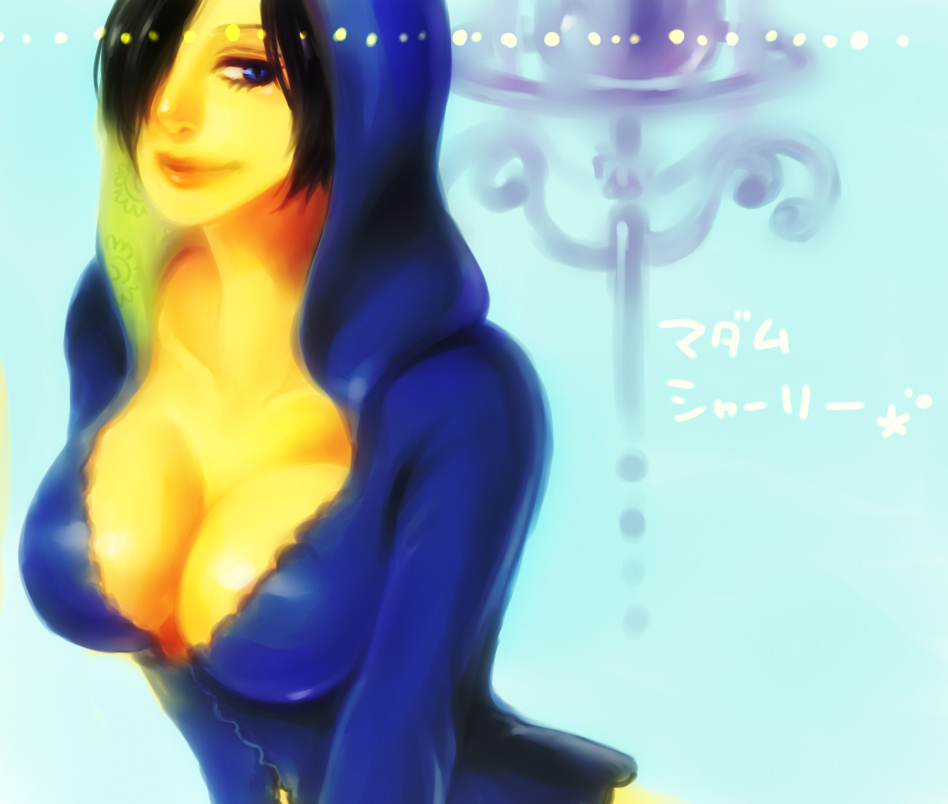1girl, black_hair, breasts, cleavage, gradient, gradient_background, hair_over_one_eye, hood