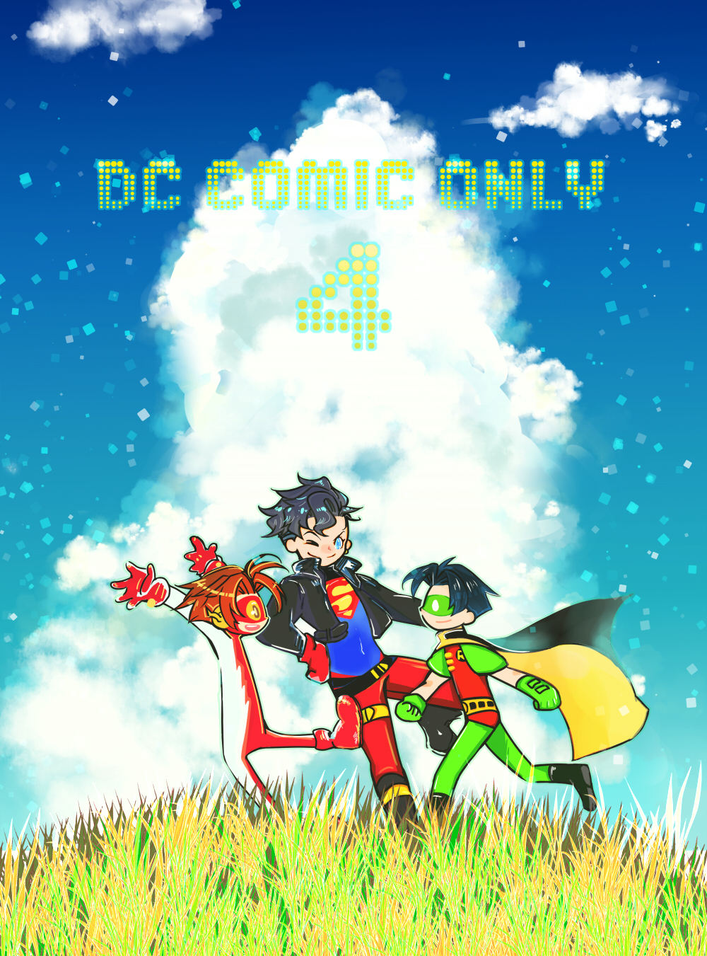 3boys, bart_allen, black_hair, blue_eyes, bodysuit, boots, brown_hair, cape