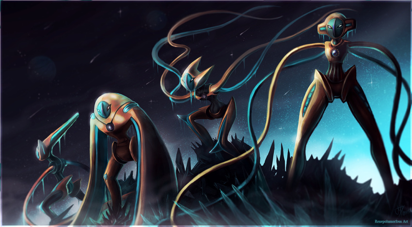 00s, alternate_form, deoxys, glowing, glowing_eyes, gradient, gradient_background, icicle, multiple_persona, pokemon, pokemon_(game), pokemon_rse, renepolumorfous, shooting_star, space, starry_sky, tentacle