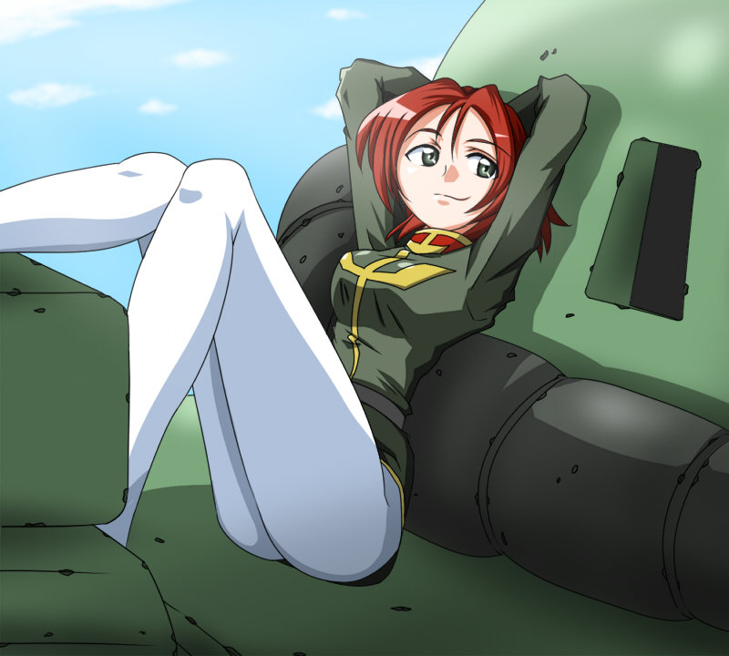 1girl, ass, breasts, charlotte_hepner, clouds, female, green_eyes, gundam