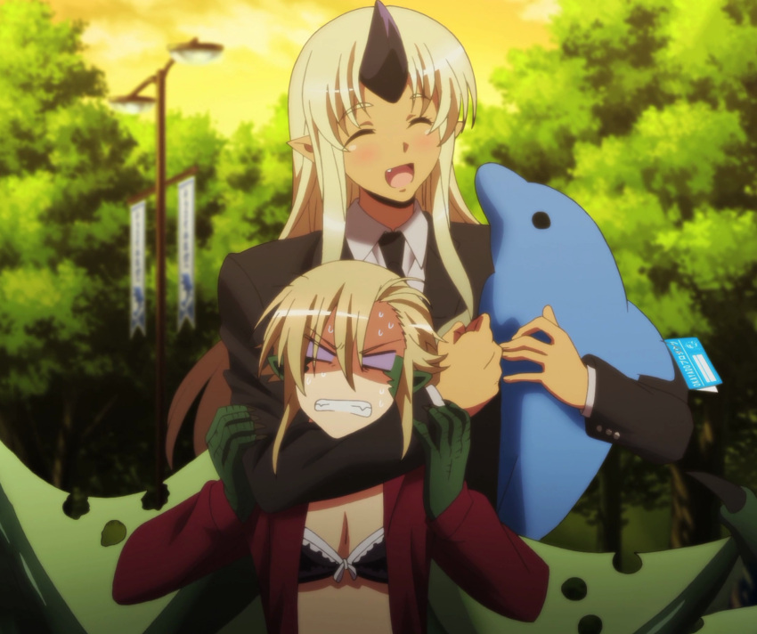 2girls, blush, bra, business_suit, choke_hold, clenched_teeth, closed_eyes, dolphin
