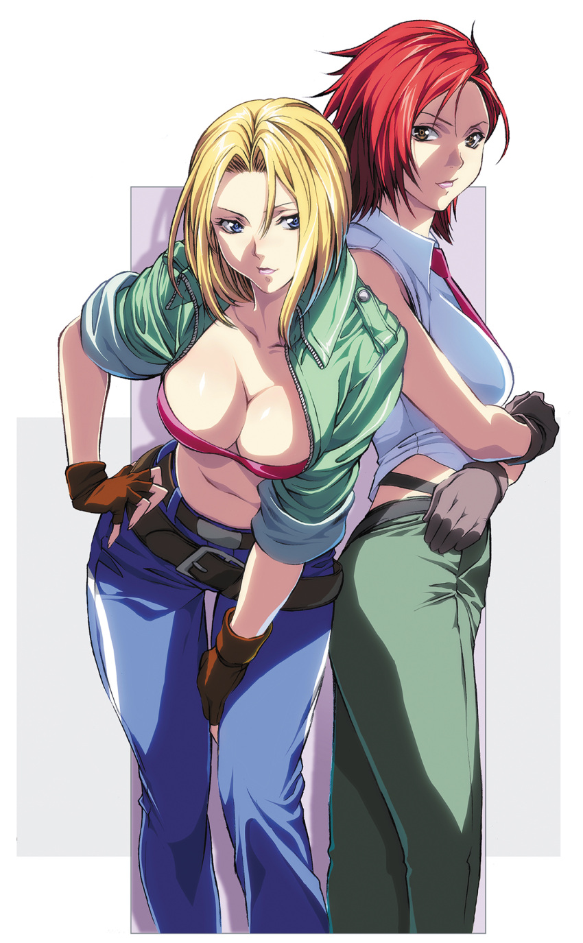 2girls, belt, blonde_hair, blue_eyes, blue_mary, breasts, brown_eyes, cleavage