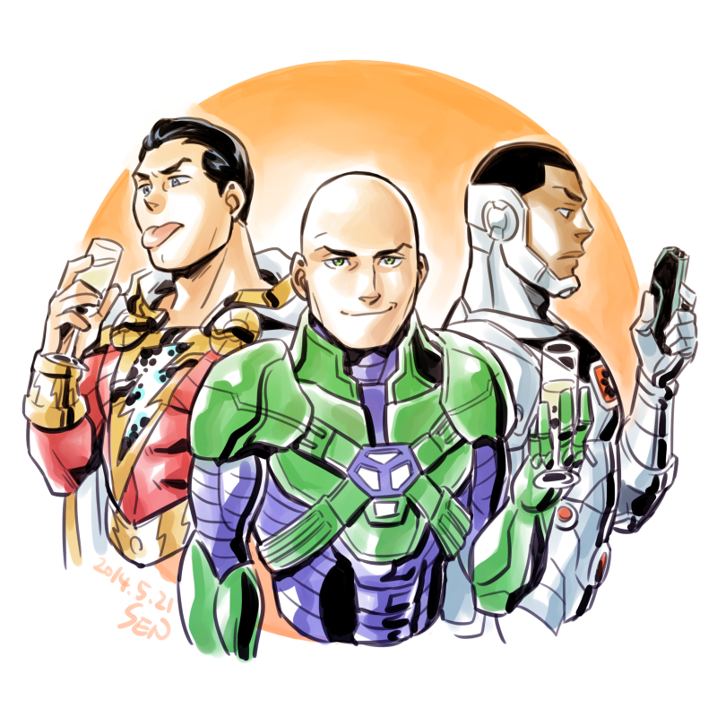 3boys, alcohol, armor, bald, blue_eyes, cape, champagne, champagne_glass