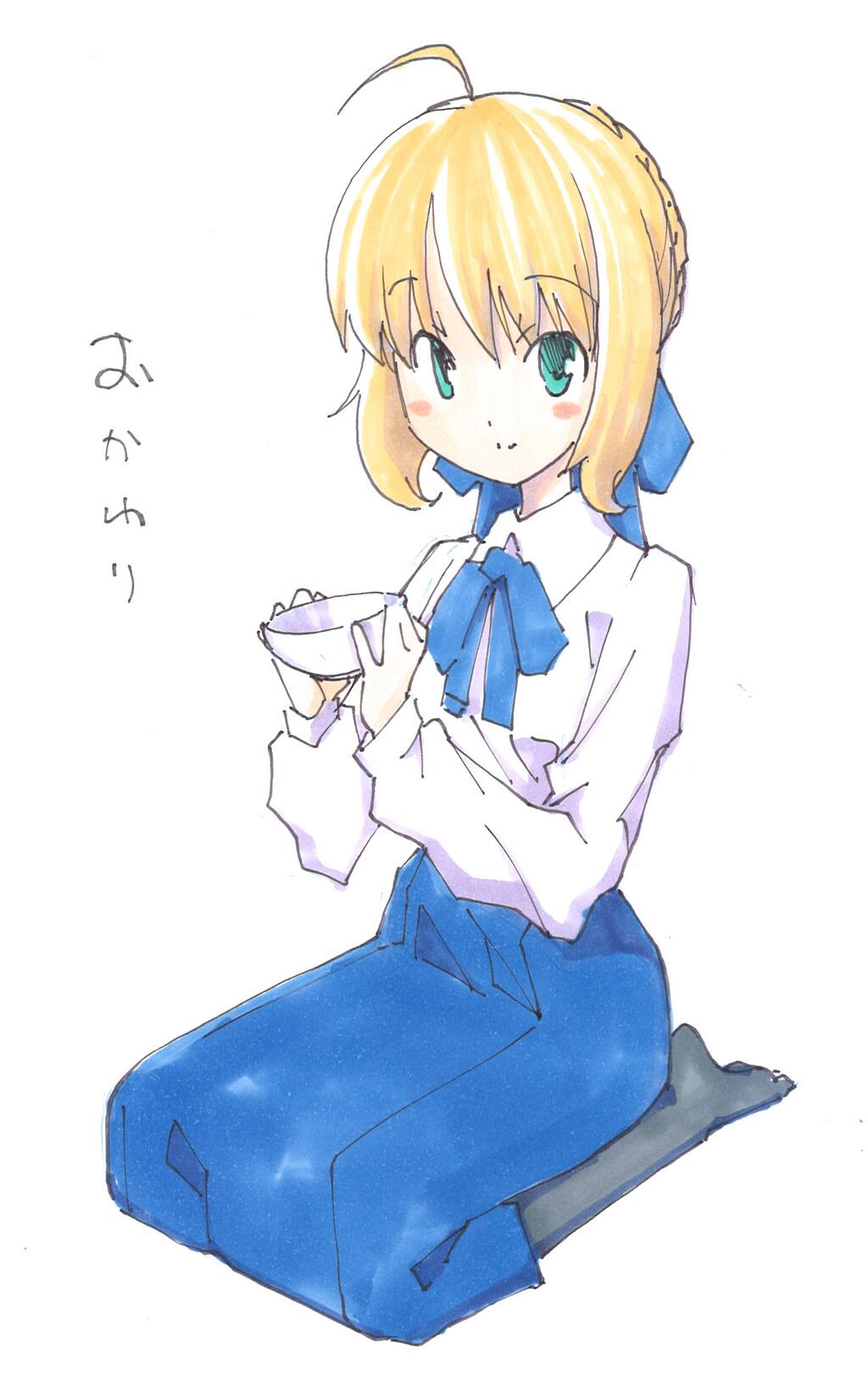 1girl, ahoge, blonde_hair, blue_skirt, bowl, fate/stay_night, fate_(series), green_eyes