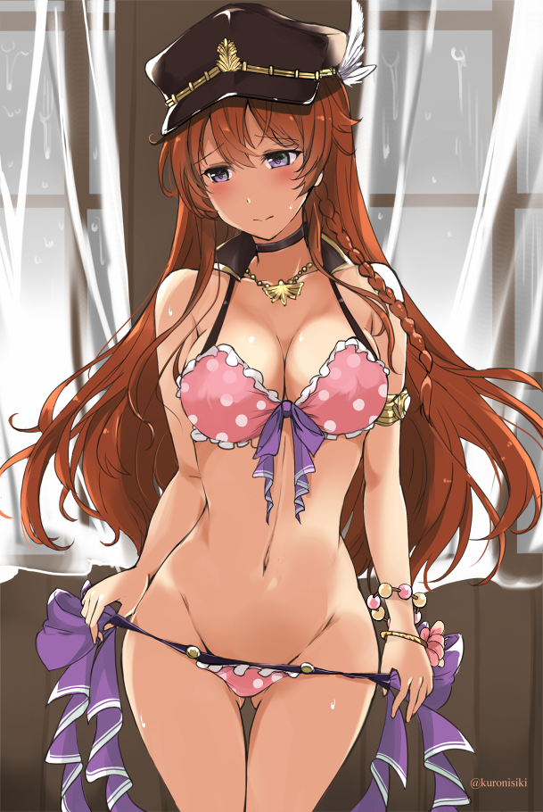 1girl, bangs, bare_shoulders, bikini, blush, bracelet, braid, breasts