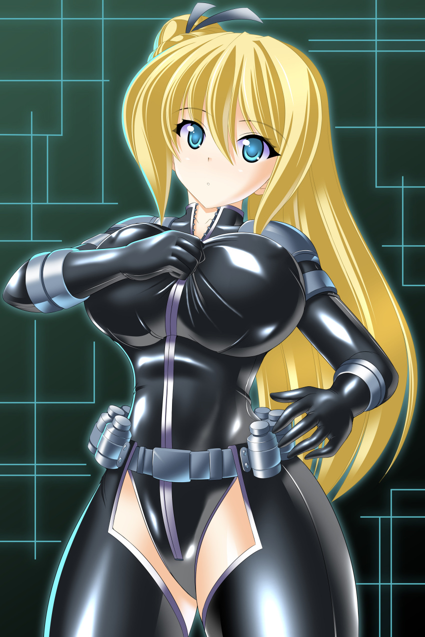 1girl, blonde_hair, blue_eyes, bodysuit, breasts, female, gradient, gradient_background