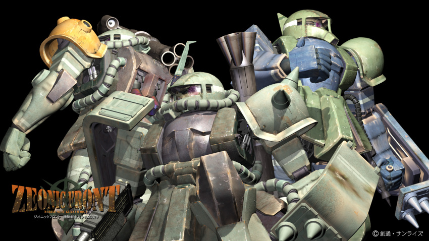 3d, black_background, copyright_name, gun, gundam, gundam_zeonic_front, highres, mecha