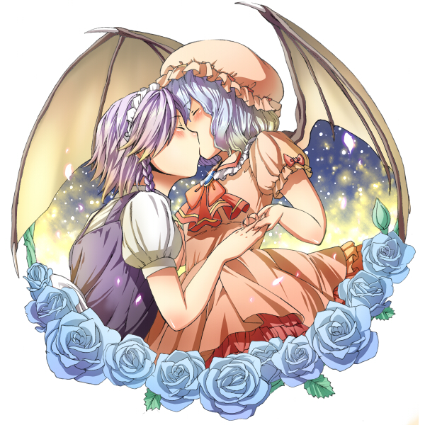 bat_wings, blue_hair, blush, braid, closed_eyes, flower, hand_holding, hat