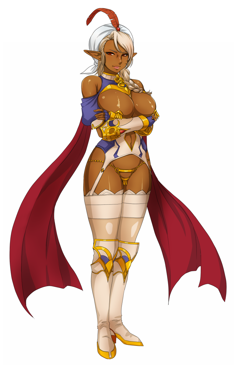 1girl, bare_shoulders, bikini_warriors, breasts, crossed_arms, dark_elf, dark_elf_(bikini_warriors), dark_skin, elf, female, full_body, garter_straps, highres, jewelry, large_breasts, long_hair, matoyama, pointy_ears, red_eyes, simple_background, smile, solo, standing, thigh-highs, thong