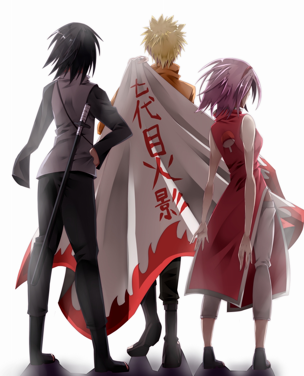 1girl, 2boys, akisaki, back, black_hair, blonde_hair, cape, from_behind