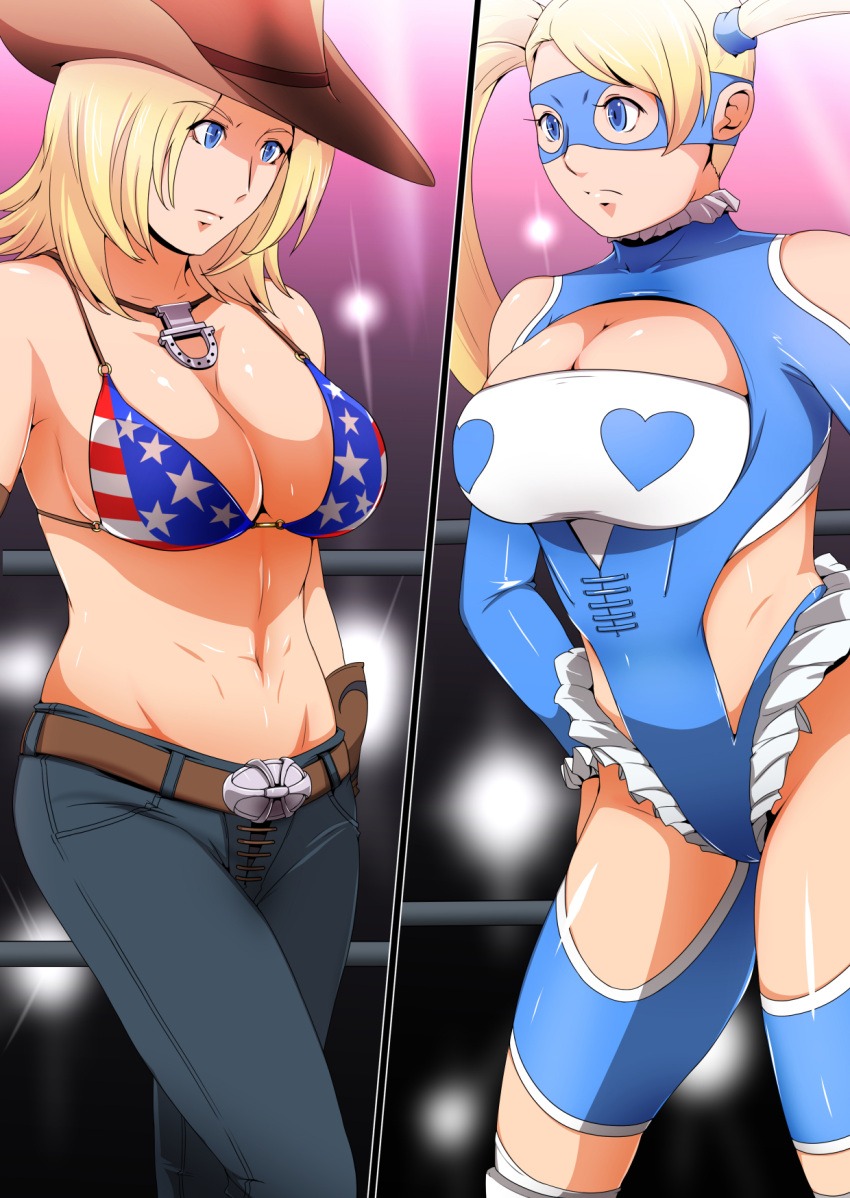 2girls, american_flag_bikini, bare_shoulders, belt, bikini, bikini_top, blonde_hair, blue_eyes